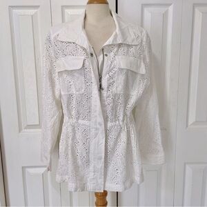 Chico's White Eyelet Collared Zip and Snap Up with Tie Waist Utility Jacket Sz3